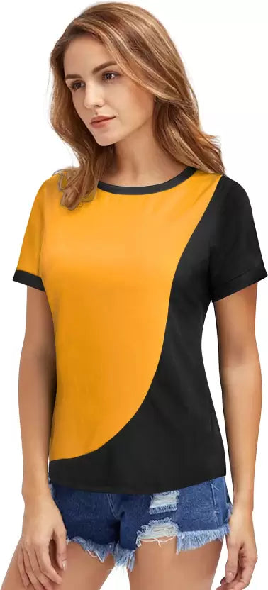 Casual Regular Sleeves Color Block Women Yellow Top